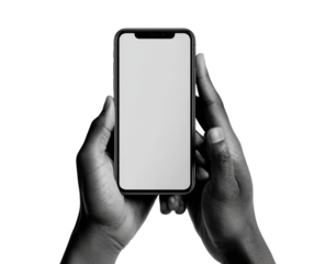 Black and white close-up of two hands holding a modern smartphone with a blank screen