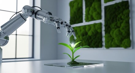 Robot hand watering a green plant, technology and nature concept.