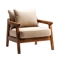 Modern wooden armchair with plush cushions isolated on transparent background