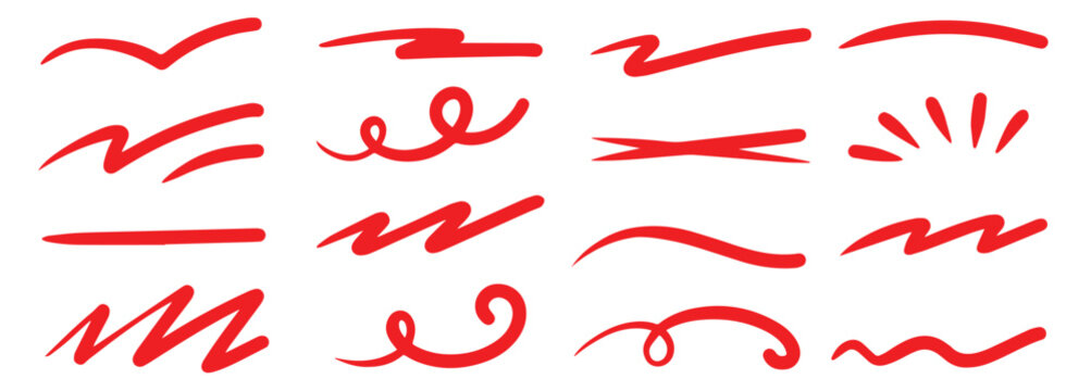 Red squiggle brush scribble underline. Marker pen emphasis highlight red swoosh stroke. Vector swoosh brush underline set for accent, marker emphasis squiggle element. Vector stock illustration