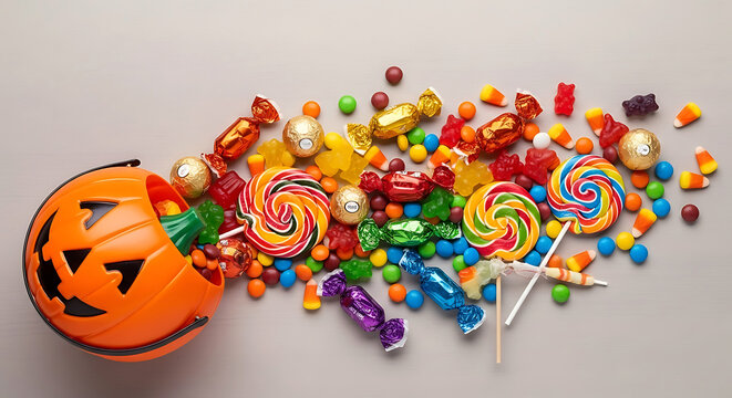 Overflowing halloween candy bucket with colorful treats and lollipops