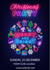 Christmas party neon vertical poster. Happy New Year. Circle layout with holidays icons. Vector stock illustration