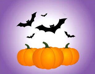 Spooky Halloween Scene with Flying Bats and Orange Pumpkins on Purple Gradient Background.
