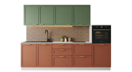 Modern Kitchen Interior with Green and Brown Cabinets
