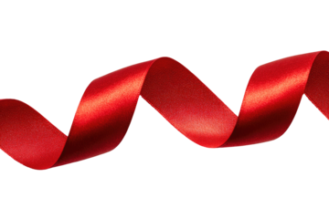 Red satin ribbon in a dynamic, wavy, spiral pattern against a black background