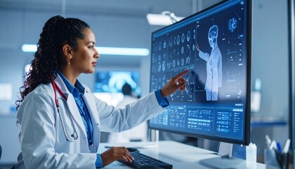 Medical professional using interactive digital screen with anatomical diagrams and diagnostic data.