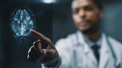 Oncologist examining a brain scan in a clinical setting