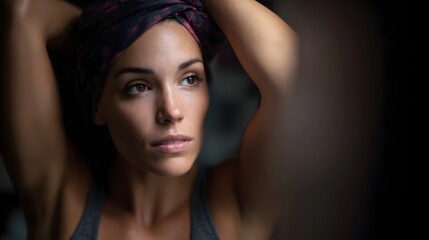 Fototapeta premium Thoughtful woman with scarf in dramatic lighting