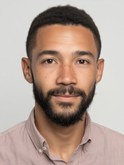 Obraz premium Young man with a beard and freckles smiles confidently at the camera wearing a striped shirt