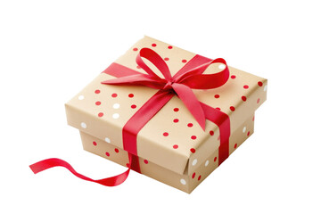 Festive gift box with red ribbon and polka dots isolated on transparent background