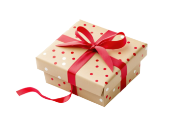 Festive gift box with red ribbon and polka dots isolated on transparent background