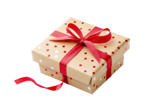 Festive gift box with red ribbon and polka dots isolated on transparent background