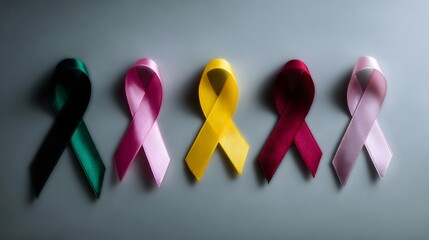 Diverse cancer awareness ribbons in vibrant colors