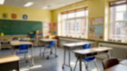 Blurred Bright and Spacious classroom and study room with Wooden Desks and Sunlight Windows