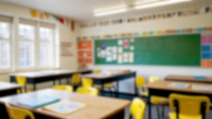 Blurred Bright and Spacious classroom and study room with Wooden Desks and Sunlight Windows