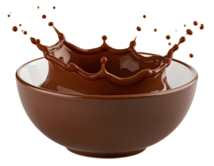 A brown chocolate cereal bowl with liquid chocolate splash isolated on transparent background.