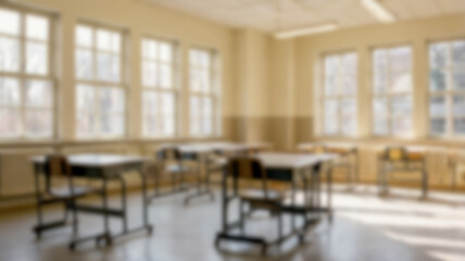Blurred Bright and Spacious classroom and study room with Wooden Desks and Sunlight Windows