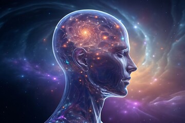 A human head filled with galaxies and stars, representing the vastness of the mind, the universe within, and the potential of human consciousness
