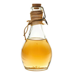 Vintage glass bottle filled with golden liquid, cork and burlap