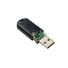 Broken and damaged usb flash drive isolated on white or transparent background. PNG