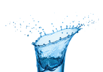 Pristine blue water splash frozen mid-air, intricate crown and individual translucent droplets on a transparent studio background with subtle backlight, concept of breakthrough innovation