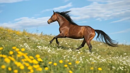 A powerful brown horse galloping through a wildflower-filled meadow under a bright blue sky. - Powered by Adobe