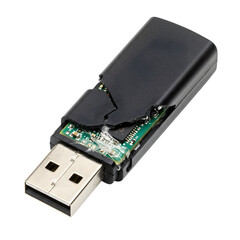 Broken and damaged usb flash drive isolated on white or transparent background. PNG