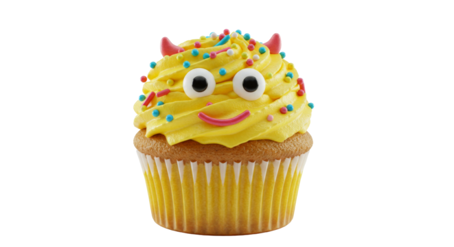 Funny monster cupcake with yellow frosting png isolated on transparent background