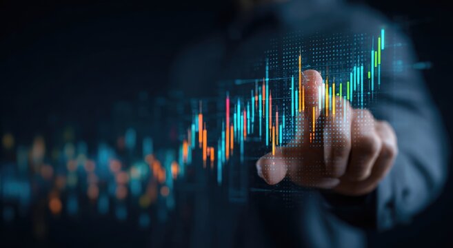 A person's finger points at a holographic stock chart