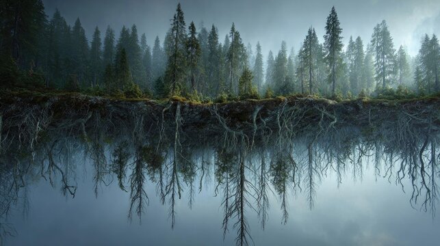 An upside-down forest hangs from a cloudy sky, fog drifting between roots above, mysterious reversed world