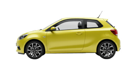 Obraz premium Bright yellow, sleek, modern, ultra-realistic compact hatchback car, eye-level side view in a minimalist white studio with soft lighting. Concept of efficient mobility