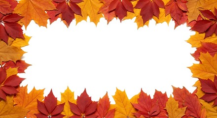 Autumn leaves in shades of red, orange, and yellow create a decorative border around a white rectangular space.