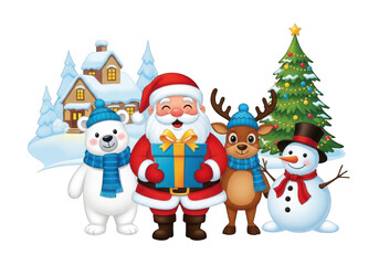 Festive christmas scene with santa claus, reindeer, snowman, and polar bear isolated on transparent background, perfect for holiday illustrations