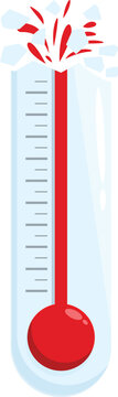 Broken glass thermometer is indicating extremely hot temperature, red mercury exploding from the top