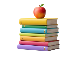 Stack of colorful books with an apple on top