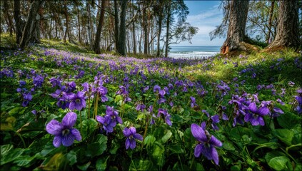 Lush spring wildflowers carpet a forest edge overlooking a tranquil ocean