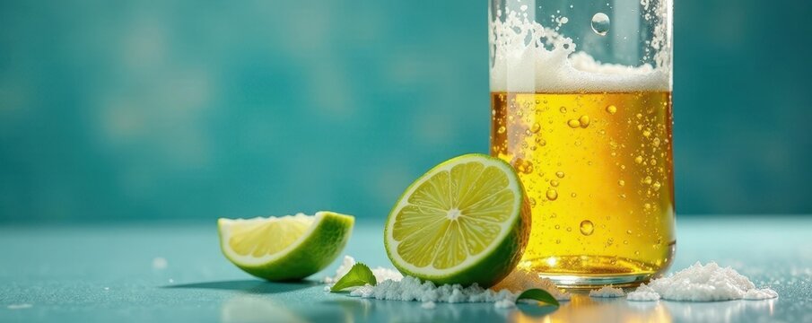 Half-empty bottle of beer with a lime wedge, spilled foam , studio, drink, green