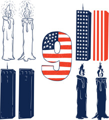 Hand Drawn Vector Set of Patriot Day Elements with Candle, Twin Towers, Number 9, and American Flag. September 11 Memorial Illustration in Unique Doodle Style