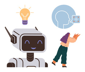Smiling robot with glowing light bulb, person reading orange book, voice recognition interface. Ideal for technology, artificial intelligence, learning, innovation, communication, creativity