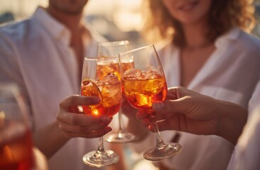 Close-up of two women and one man toasting with Aperol Spritz in sunshine, wearing white shirts, sharp focus on hands, shallow depth of field, warm tone