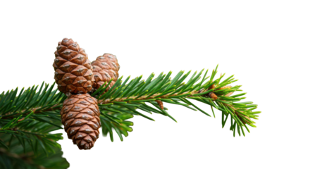 Two ripe brown pine cones nestled on a vibrant green pine branch in a serene forest, bathed in soft daylight with warm bokeh, ample copy space on right, natural growth concept