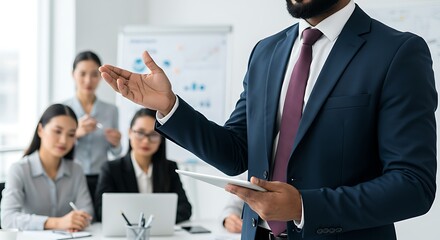 Business leader presenting strategy to a diverse team during a corporate training session in a conference room
