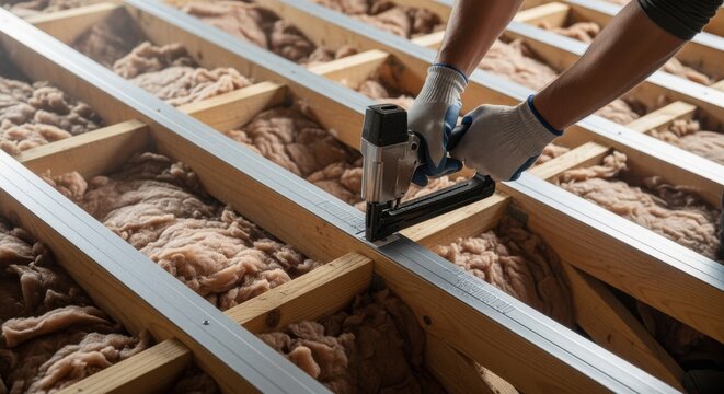 View from above of attic insulation project featuring rapid repetition of staple gun use to affix baffle strips evenly spaced.