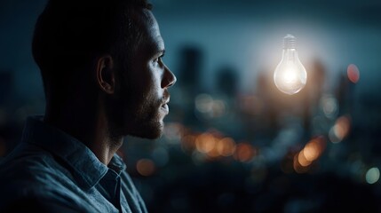 Entrepreneur Contemplating Visionary Cityscape with Glowing Bulb Overlay