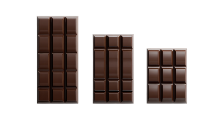 Three dark chocolate bars of different sizes, displayed against a black background.  Each bar shows its interior broken into squares