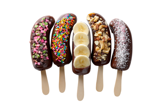 Chocolate Covered Frozen Bananas with Toppings Transparent Background