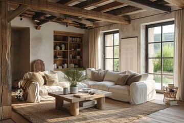 Cozy farmhouse living room interior, 3d render