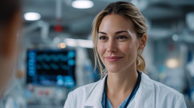 A compassionate female doctor smiling and interacting with a patient in a modern hospital. Concepts of healthcare, medicine, trust, and professional support in a clinical setting.