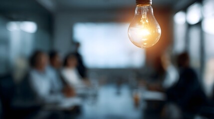 Business presentation with lightbulb graphics on screen in corporate boardroom meeting