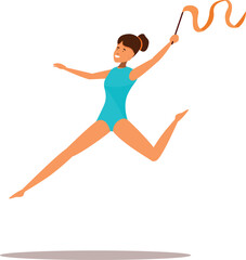 Rhythmic gymnast leaping gracefully while twirling a ribbon, showcasing athleticism and artistry